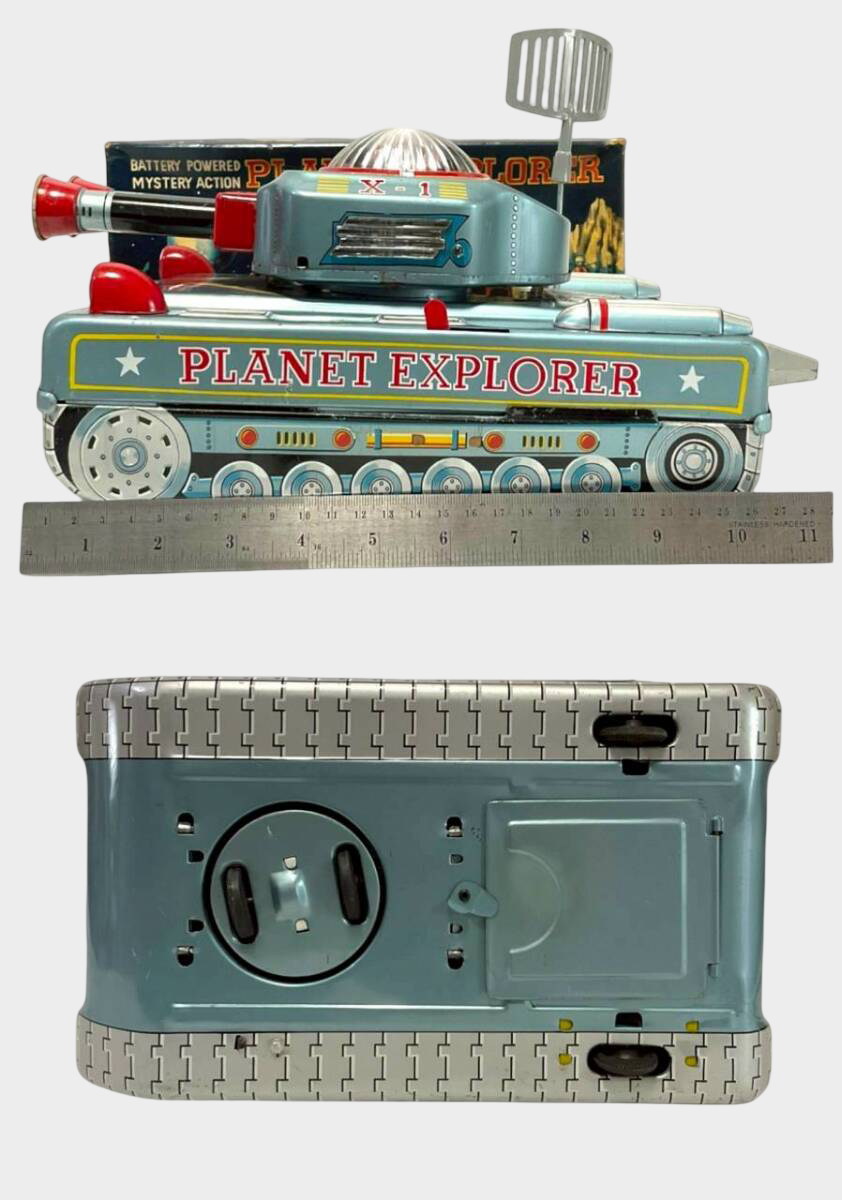 ALPS “PLANET EXPLORER” Tin Space Tank — Boxed, Battery-Powered Mystery Action Vehicle (~30 cm, Showa Japan)