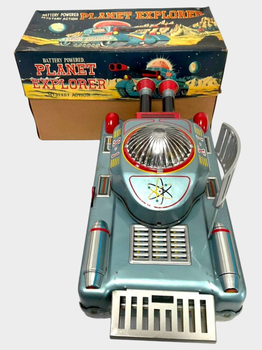 ALPS “PLANET EXPLORER” Tin Space Tank — Boxed, Battery-Powered Mystery Action Vehicle (~30 cm, Showa Japan)
