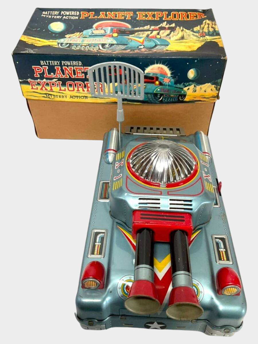 ALPS “PLANET EXPLORER” Tin Space Tank — Boxed, Battery-Powered Mystery Action Vehicle (~30 cm, Showa Japan)