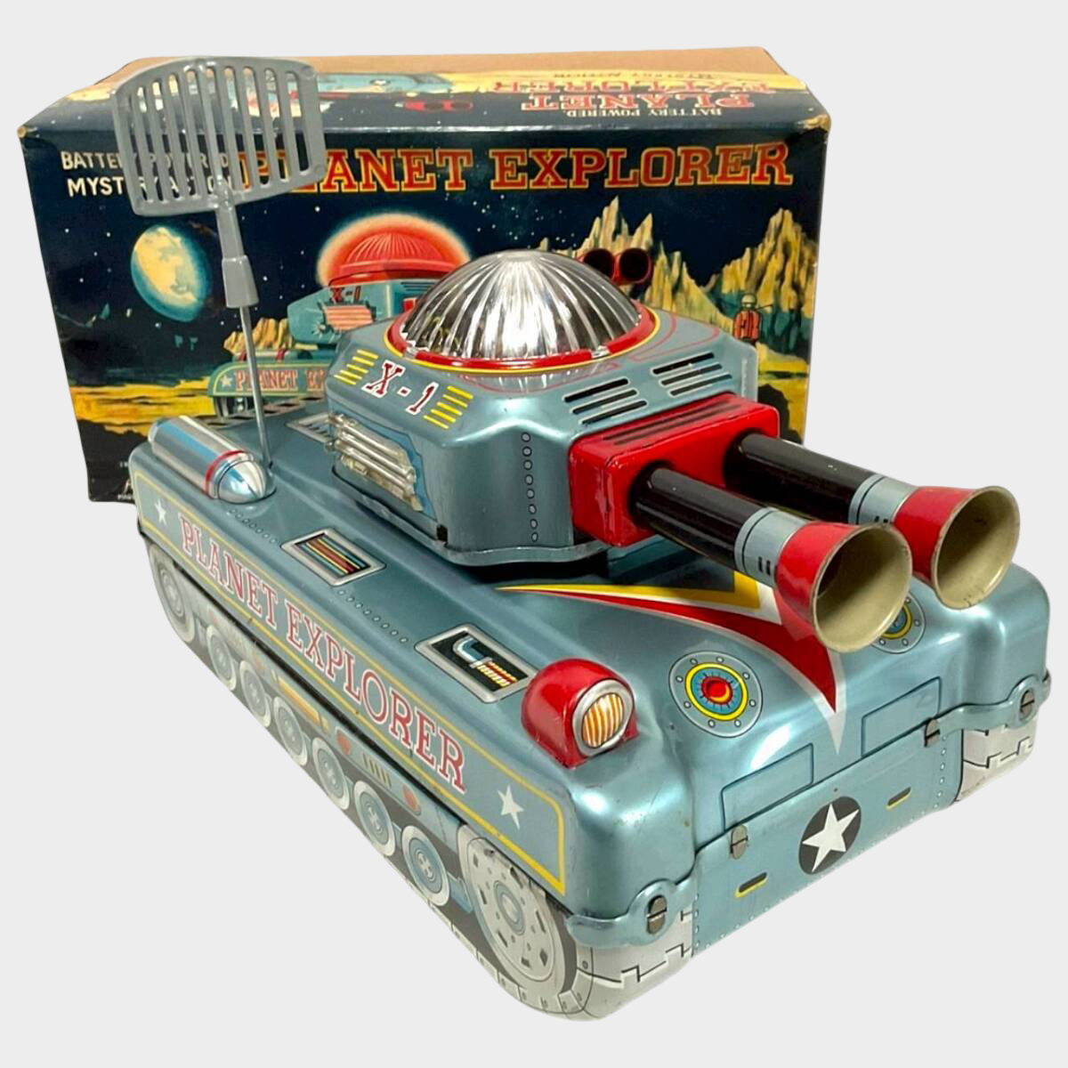 ALPS “PLANET EXPLORER” Tin Space Tank — Boxed, Battery-Powered Mystery Action Vehicle (~30 cm, Showa Japan)