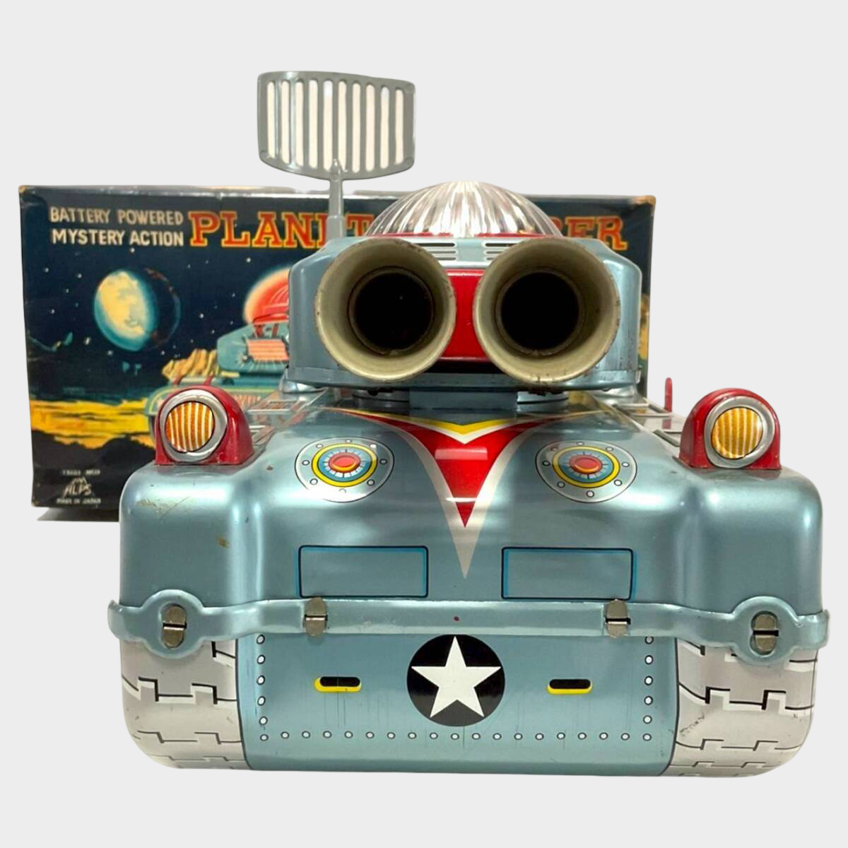 ALPS “PLANET EXPLORER” Tin Space Tank — Boxed, Battery-Powered Mystery Action Vehicle (~30 cm, Showa Japan)