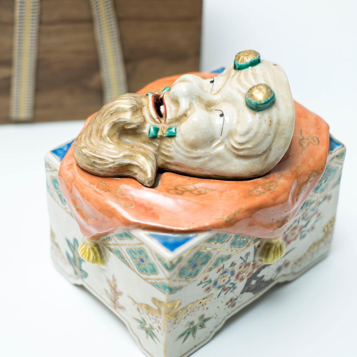 Antique Japanese Kutani Style Rojin Noh Mask Kogo Incense Box Porcelain Okimono with Wooden Tomobako