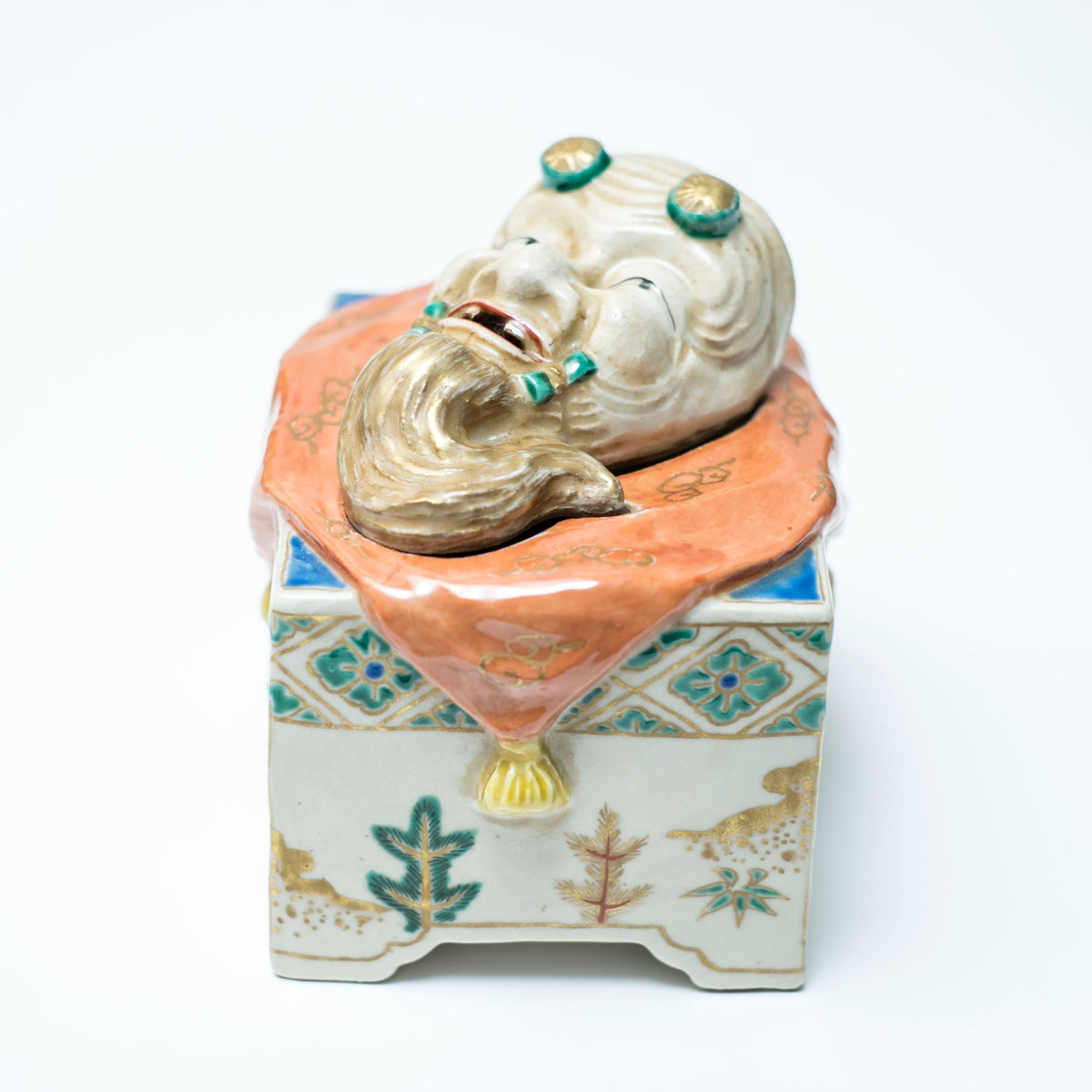 Antique Japanese Kutani Style Rojin Noh Mask Kogo Incense Box Porcelain Okimono with Wooden Tomobako
