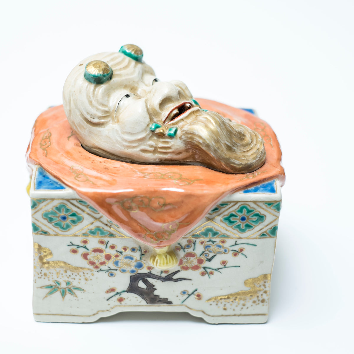 Antique Japanese Kutani Style Rojin Noh Mask Kogo Incense Box Porcelain Okimono with Wooden Tomobako