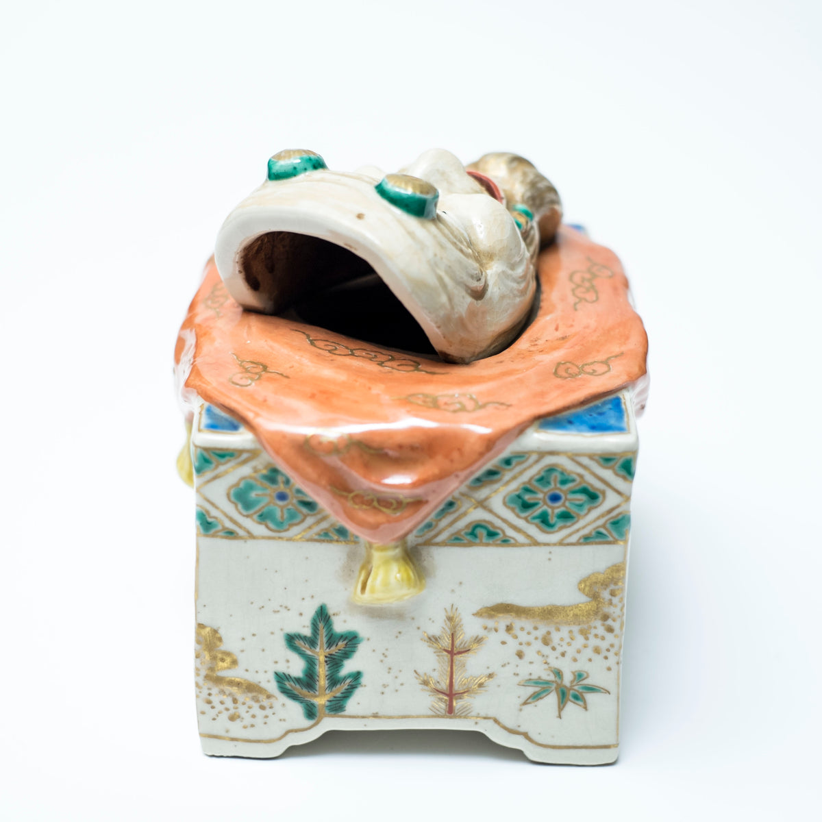Antique Japanese Kutani Style Rojin Noh Mask Kogo Incense Box Porcelain Okimono with Wooden Tomobako