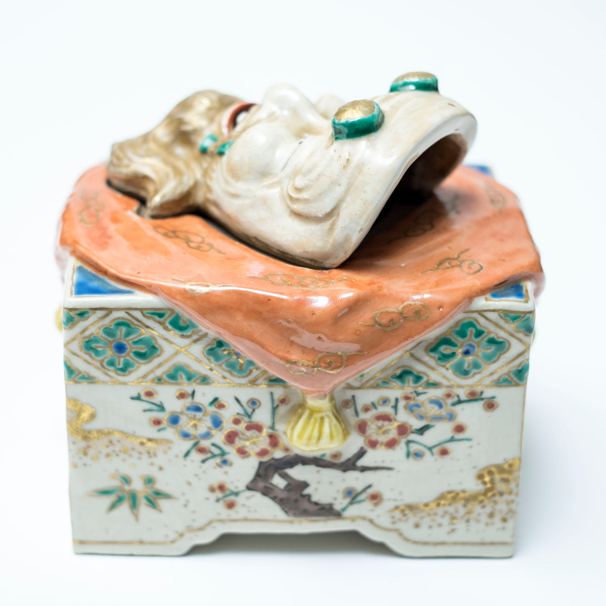 Antique Japanese Kutani Style Rojin Noh Mask Kogo Incense Box Porcelain Okimono with Wooden Tomobako