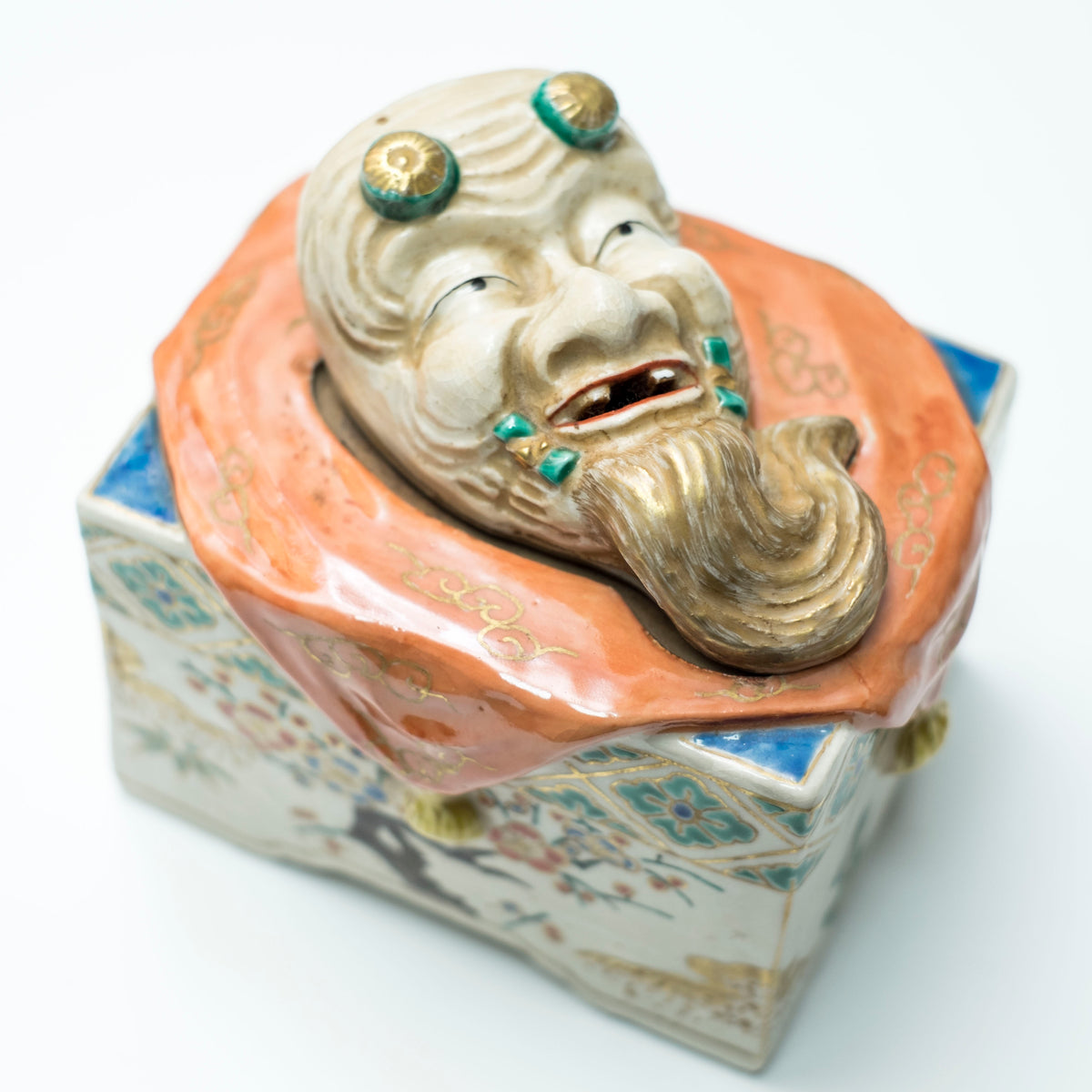 Antique Japanese Kutani Style Rojin Noh Mask Kogo Incense Box Porcelain Okimono with Wooden Tomobako