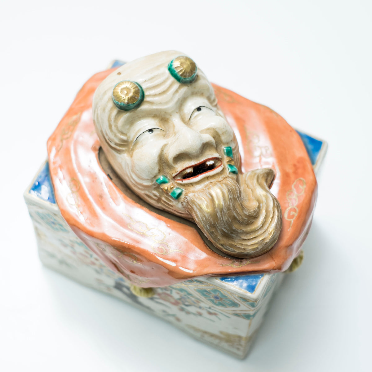 Antique Japanese Kutani Style Rojin Noh Mask Kogo Incense Box Porcelain Okimono with Wooden Tomobako