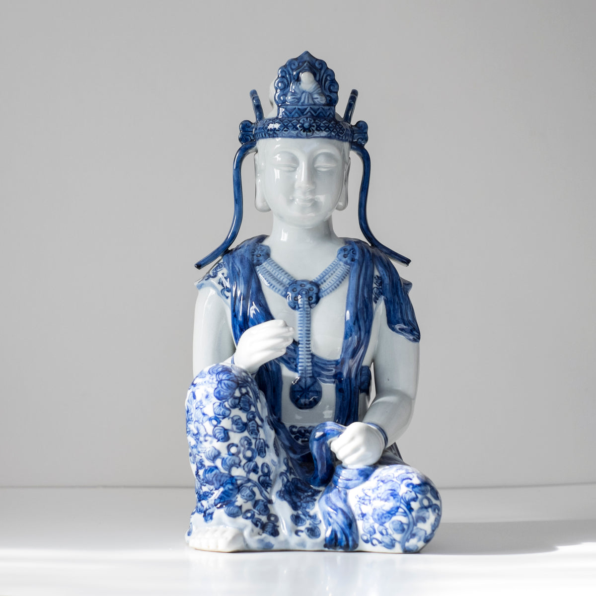 Vintage Blue White Porcelain Kannon Guanyin Statue, Seated Bodhisattva Buddhist Sculpture, Sometsuke Style Asian Art