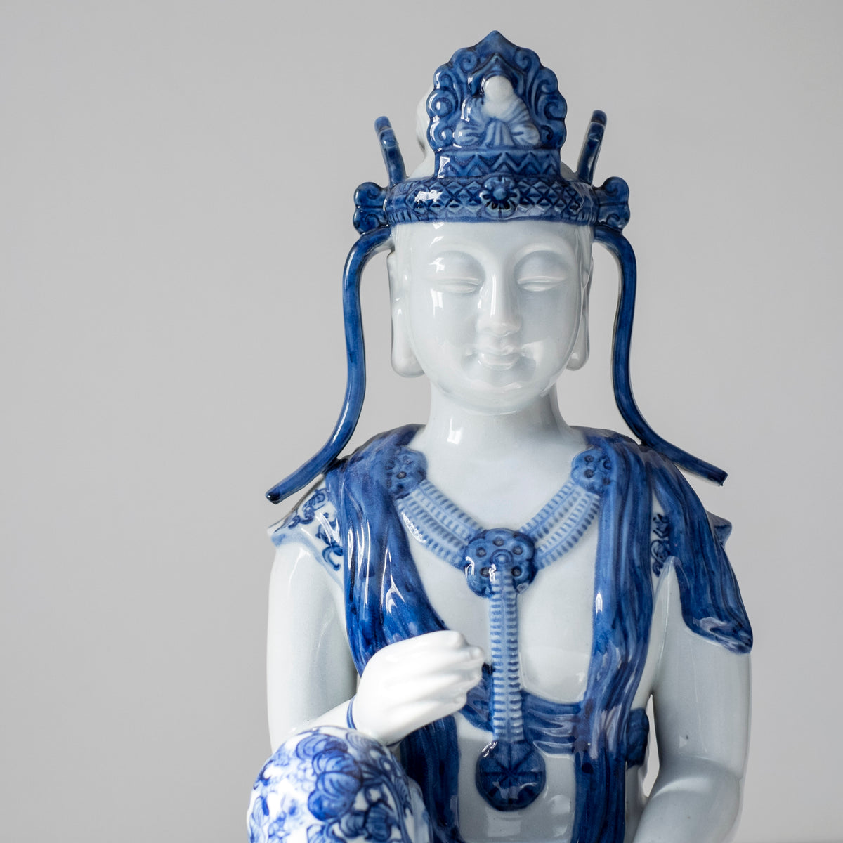 Vintage Blue White Porcelain Kannon Guanyin Statue, Seated Bodhisattva Buddhist Sculpture, Sometsuke Style Asian Art