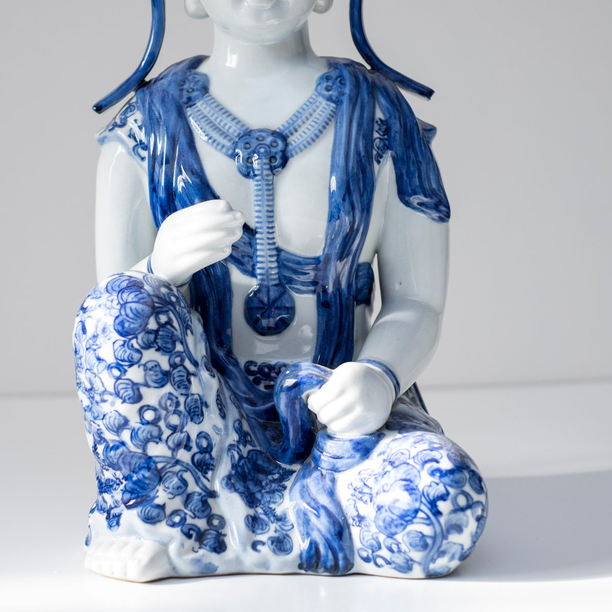 Vintage Blue White Porcelain Kannon Guanyin Statue, Seated Bodhisattva Buddhist Sculpture, Sometsuke Style Asian Art