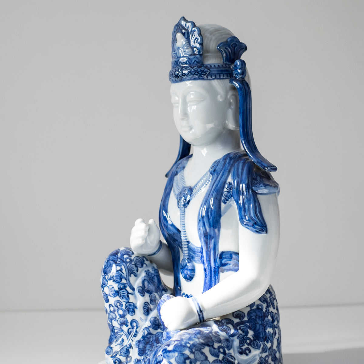 Vintage Blue White Porcelain Kannon Guanyin Statue, Seated Bodhisattva Buddhist Sculpture, Sometsuke Style Asian Art