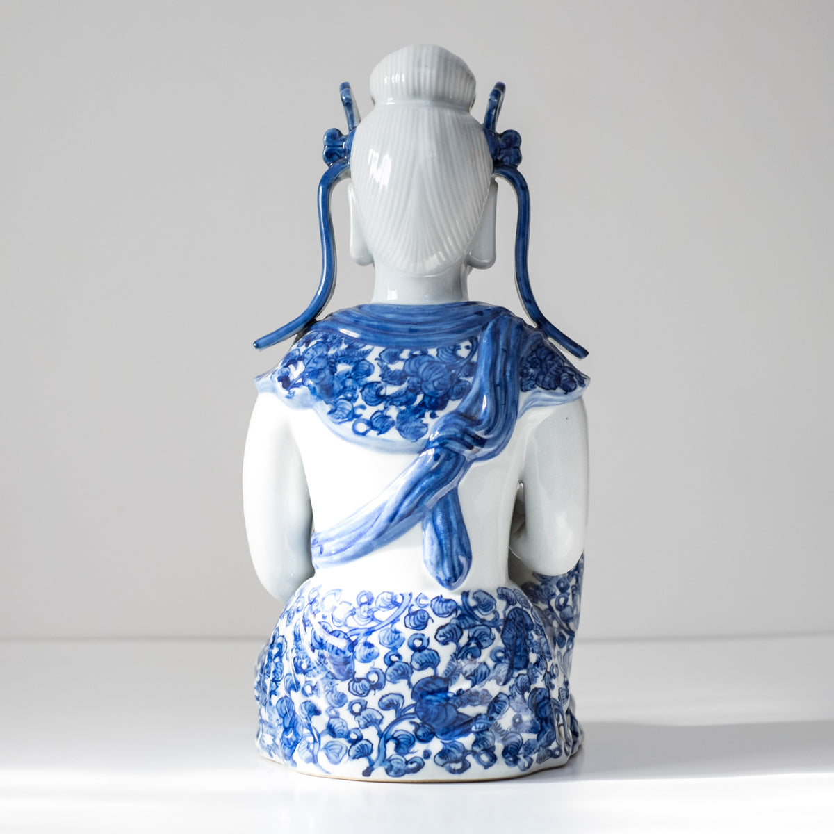 Vintage Blue White Porcelain Kannon Guanyin Statue, Seated Bodhisattva Buddhist Sculpture, Sometsuke Style Asian Art