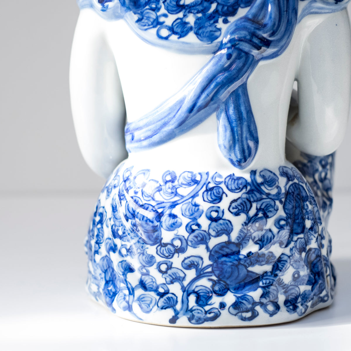 Vintage Blue White Porcelain Kannon Guanyin Statue, Seated Bodhisattva Buddhist Sculpture, Sometsuke Style Asian Art