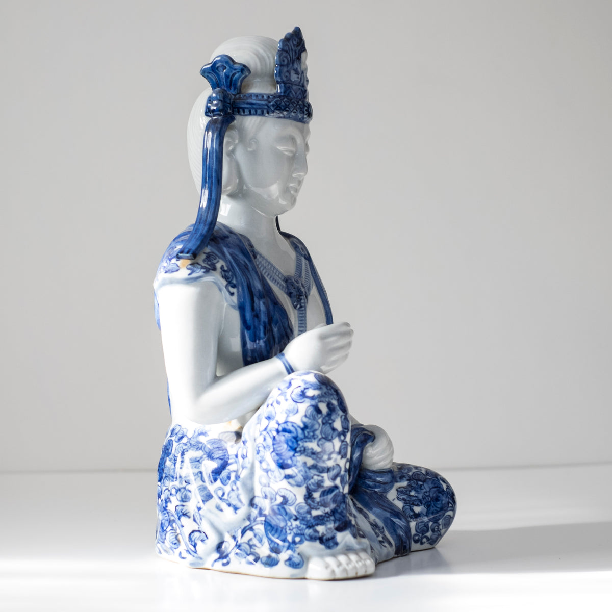 Vintage Blue White Porcelain Kannon Guanyin Statue, Seated Bodhisattva Buddhist Sculpture, Sometsuke Style Asian Art