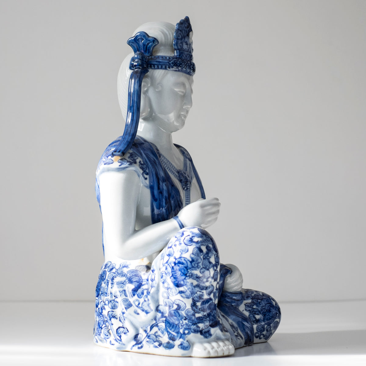 Vintage Blue White Porcelain Kannon Guanyin Statue, Seated Bodhisattva Buddhist Sculpture, Sometsuke Style Asian Art