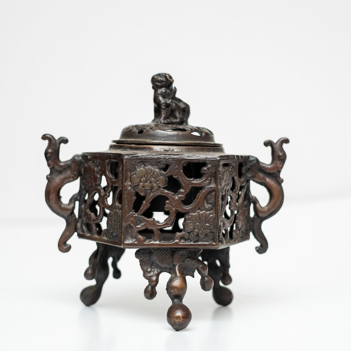 Antique Japanese Bronze Koro Incense Burner Shishi Guardian Lion Floral Openwork Tripod Censer Asian Art