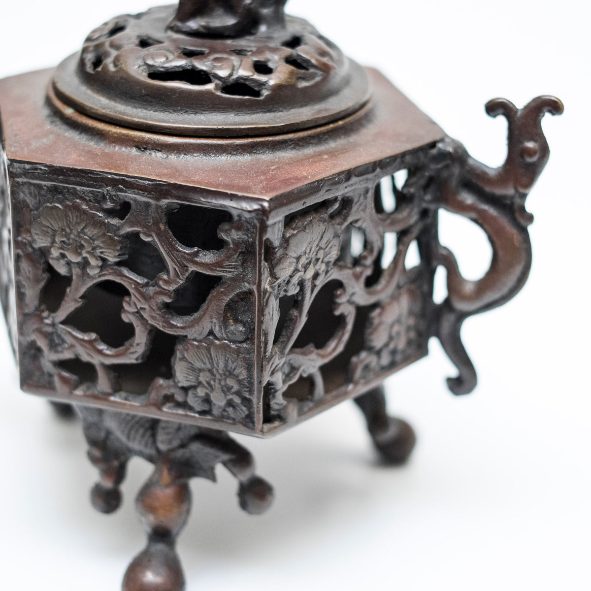 Antique Japanese Bronze Koro Incense Burner Shishi Guardian Lion Floral Openwork Tripod Censer Asian Art