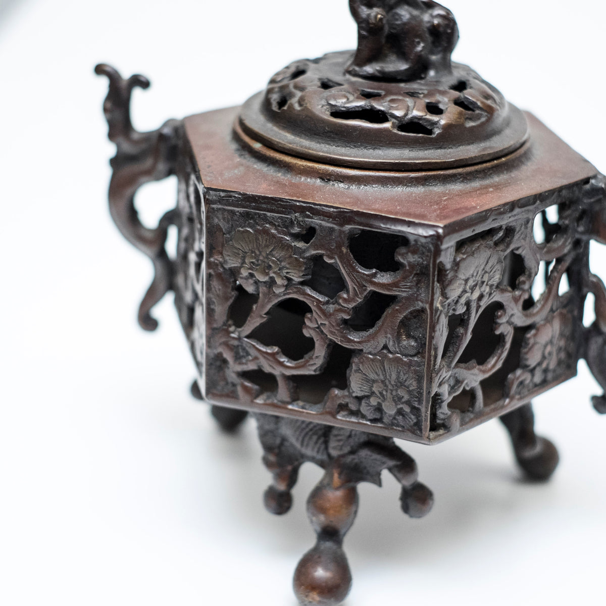 Antique Japanese Bronze Koro Incense Burner Shishi Guardian Lion Floral Openwork Tripod Censer Asian Art