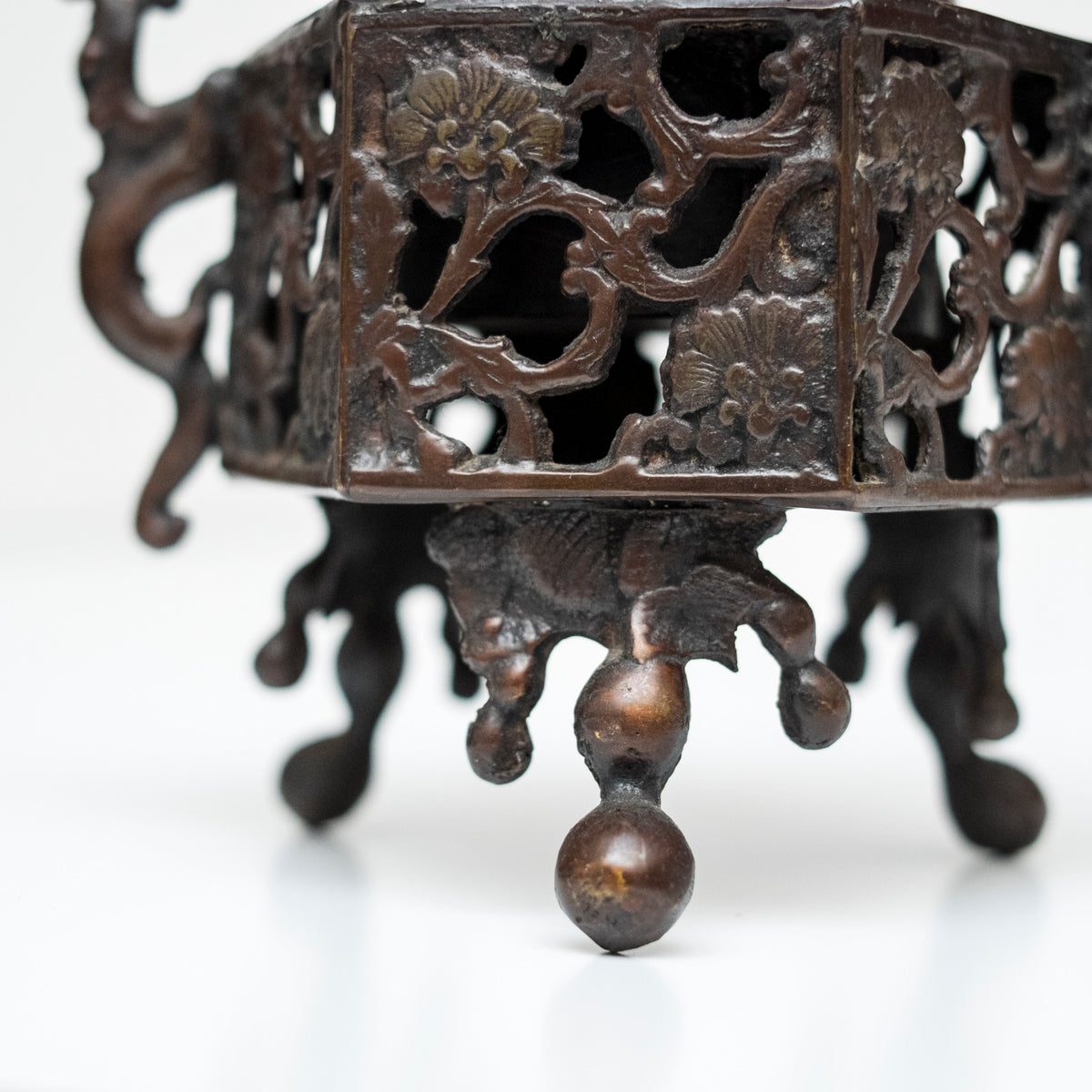 Antique Japanese Bronze Koro Incense Burner Shishi Guardian Lion Floral Openwork Tripod Censer Asian Art