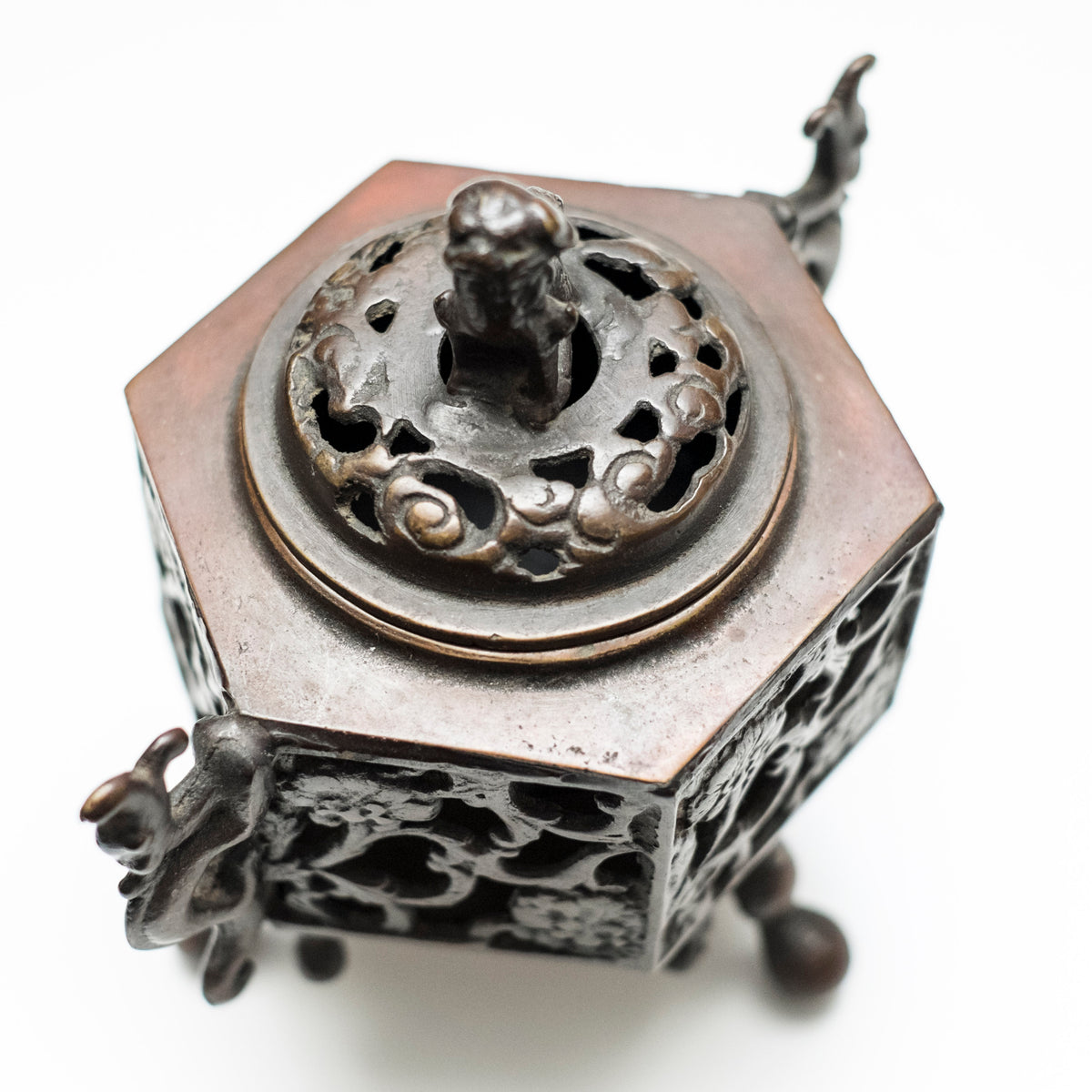 Antique Japanese Bronze Koro Incense Burner Shishi Guardian Lion Floral Openwork Tripod Censer Asian Art