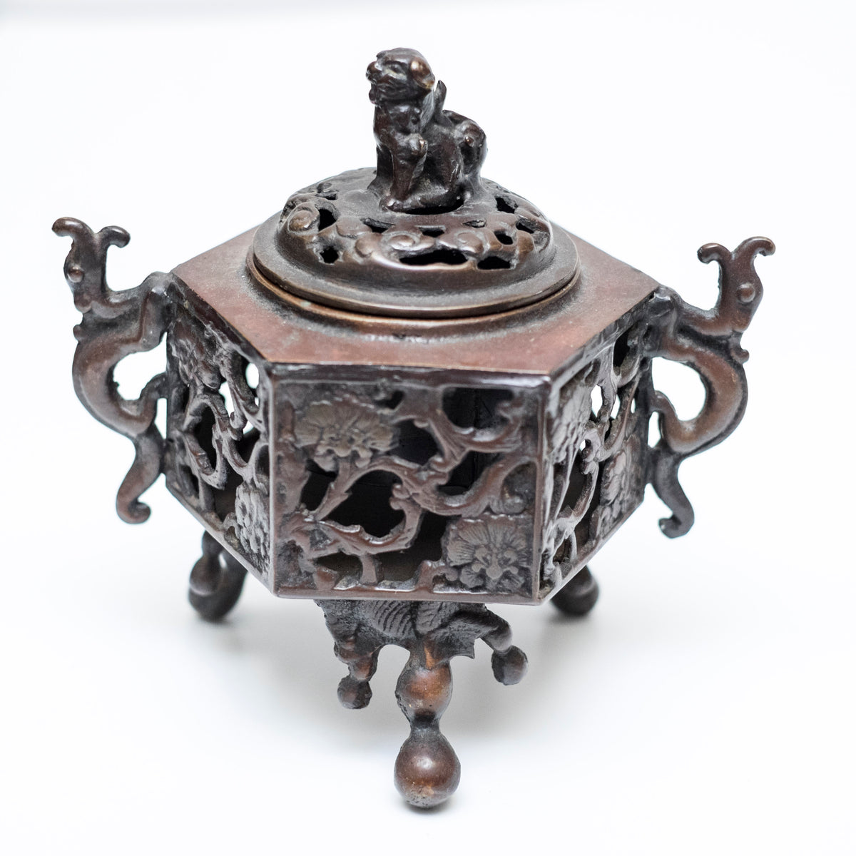 Antique Japanese Bronze Koro Incense Burner Shishi Guardian Lion Floral Openwork Tripod Censer Asian Art