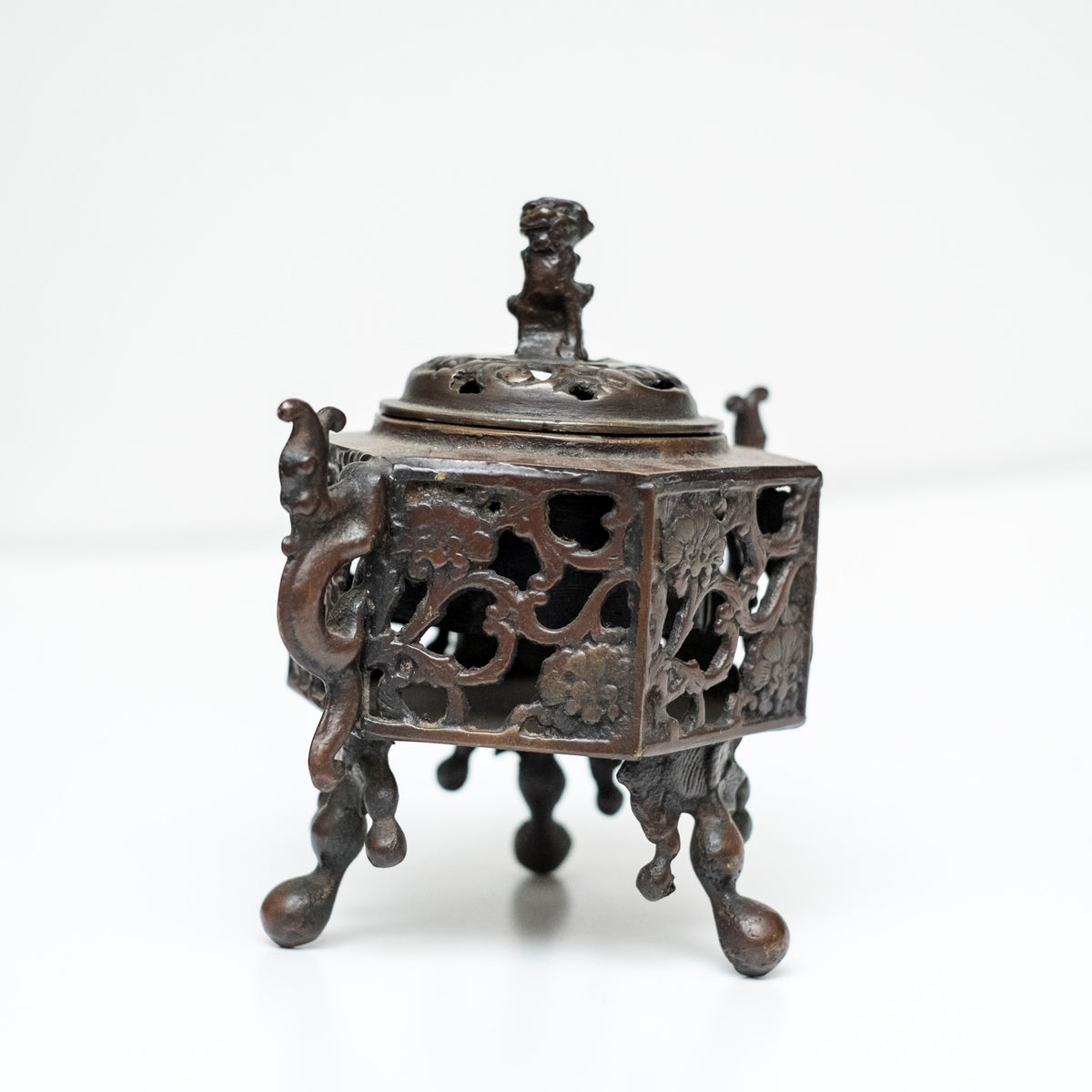 Antique Japanese Bronze Koro Incense Burner Shishi Guardian Lion Floral Openwork Tripod Censer Asian Art