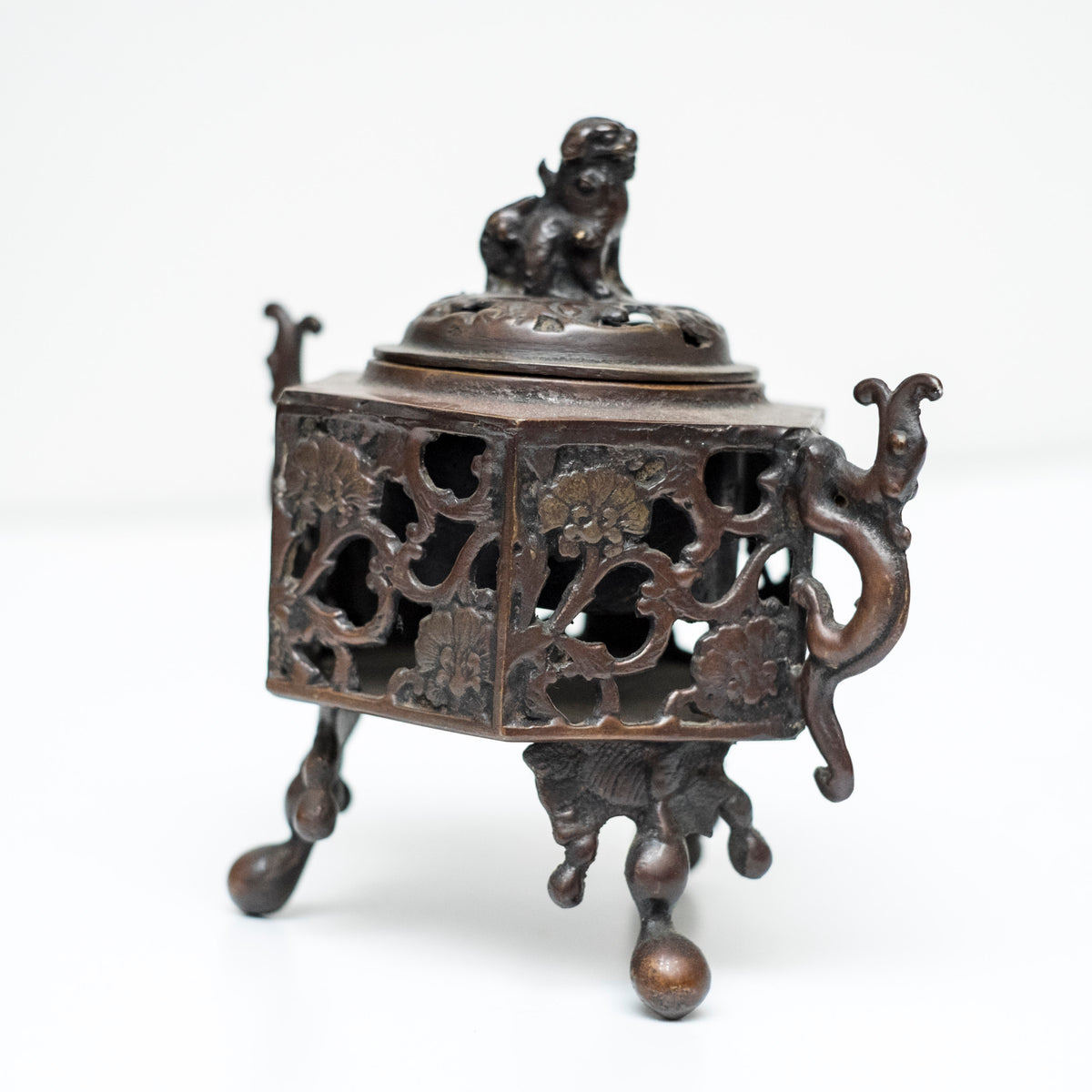Antique Japanese Bronze Koro Incense Burner Shishi Guardian Lion Floral Openwork Tripod Censer Asian Art