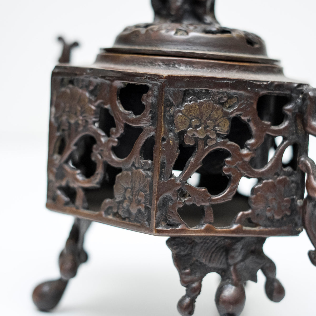 Antique Japanese Bronze Koro Incense Burner Shishi Guardian Lion Floral Openwork Tripod Censer Asian Art
