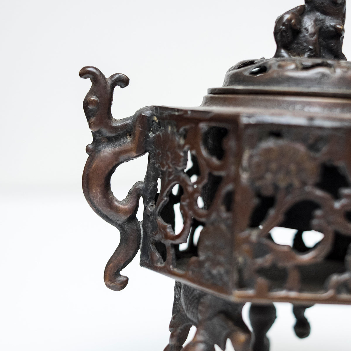 Antique Japanese Bronze Koro Incense Burner Shishi Guardian Lion Floral Openwork Tripod Censer Asian Art