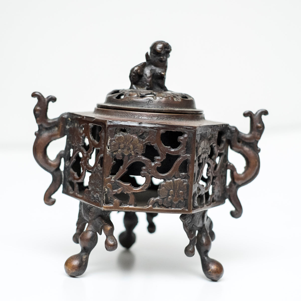 Antique Japanese Bronze Koro Incense Burner Shishi Guardian Lion Floral Openwork Tripod Censer Asian Art