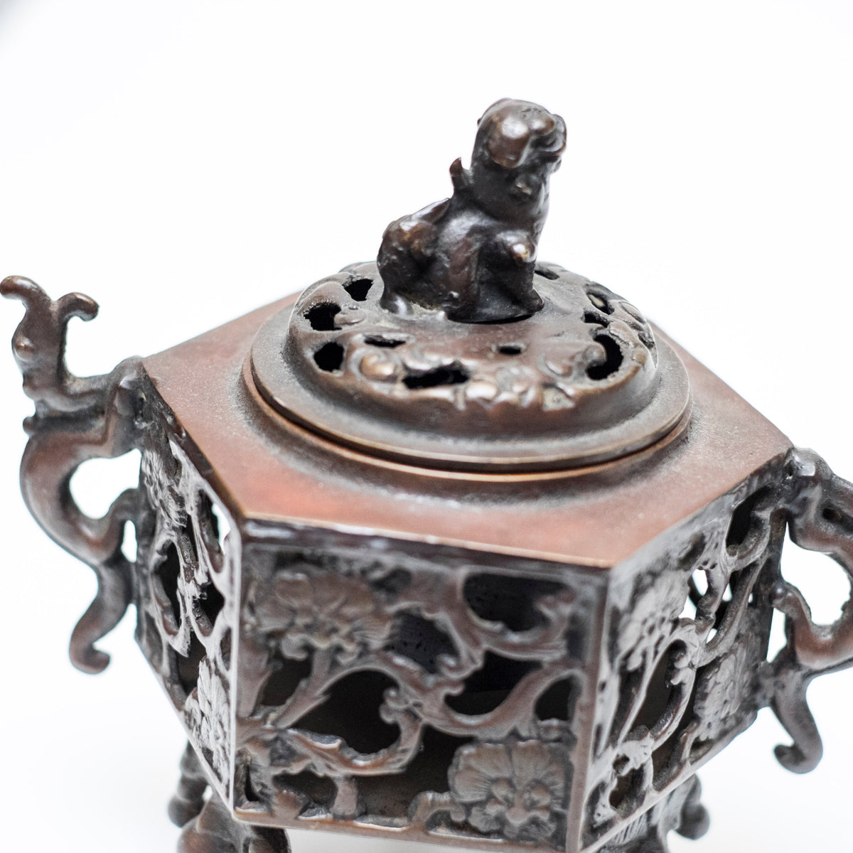 Antique Japanese Bronze Koro Incense Burner Shishi Guardian Lion Floral Openwork Tripod Censer Asian Art