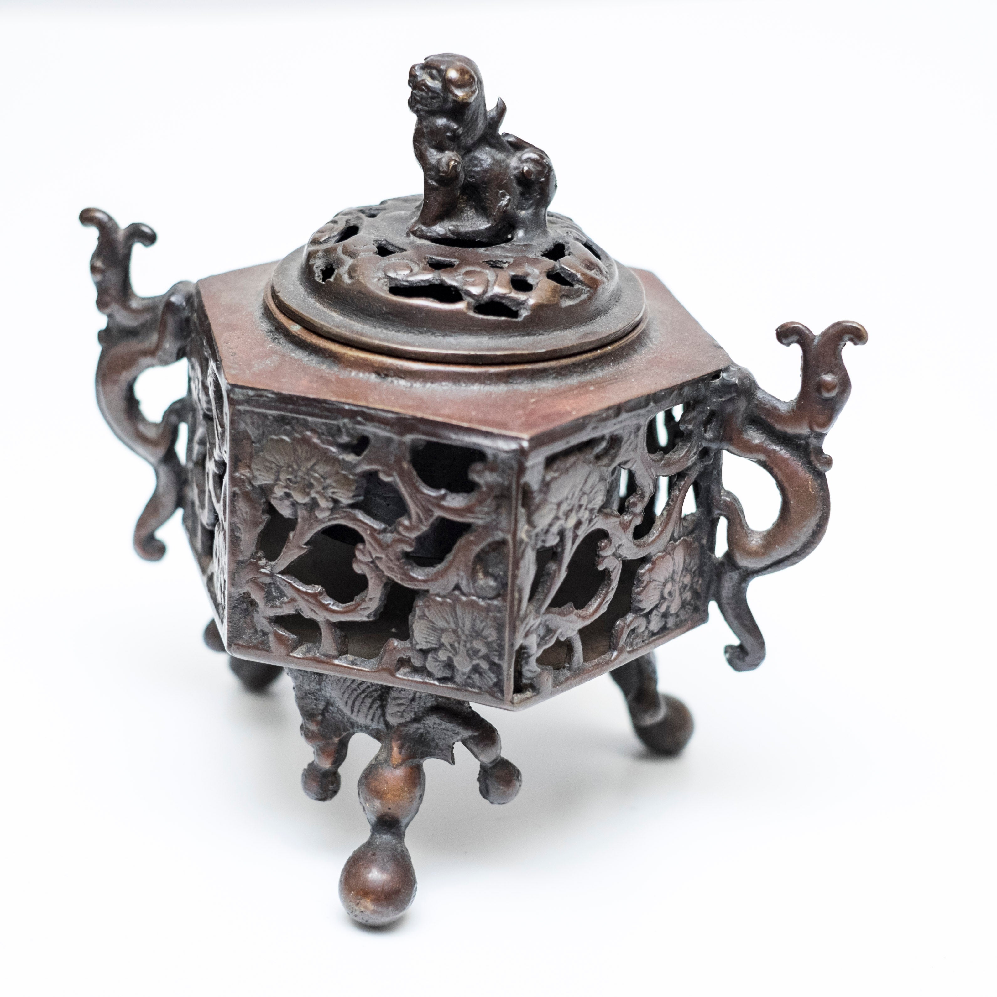 Antique Japanese Bronze Koro Incense Burner with Shishi Lion