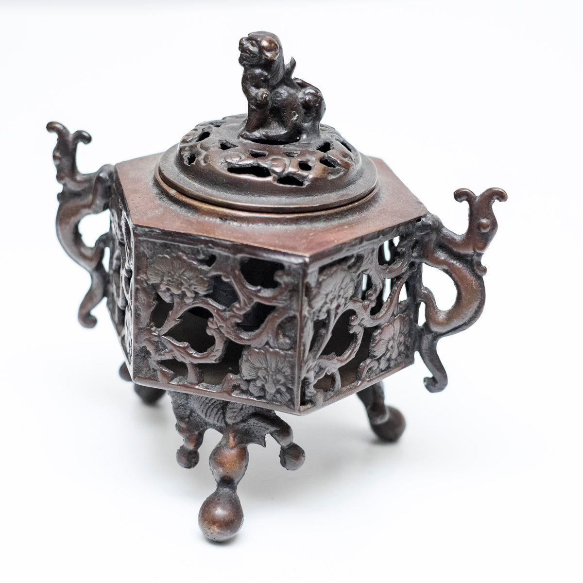 Antique Japanese Bronze Koro Incense Burner Shishi Guardian Lion Floral Openwork Tripod Censer Asian Art