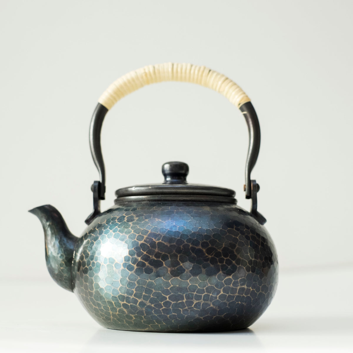 Vintage Japanese Tsuiki Doki Hammered Copper Kyusu Teapot with Woven Handle & Inscribed Wooden Box