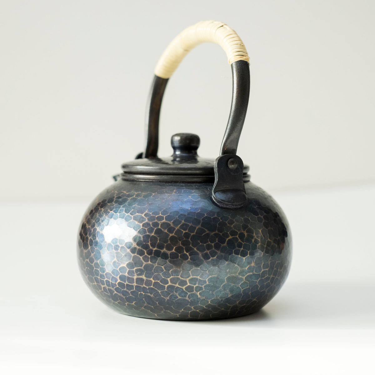 Vintage Japanese Tsuiki Doki Hammered Copper Kyusu Teapot with Woven Handle & Inscribed Wooden Box