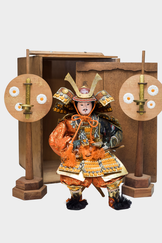 Antique Meiji Musha Ningyo Samurai Warrior Doll – Kabuto Armor, Silk Brocade, Boys’ Day Festival Display