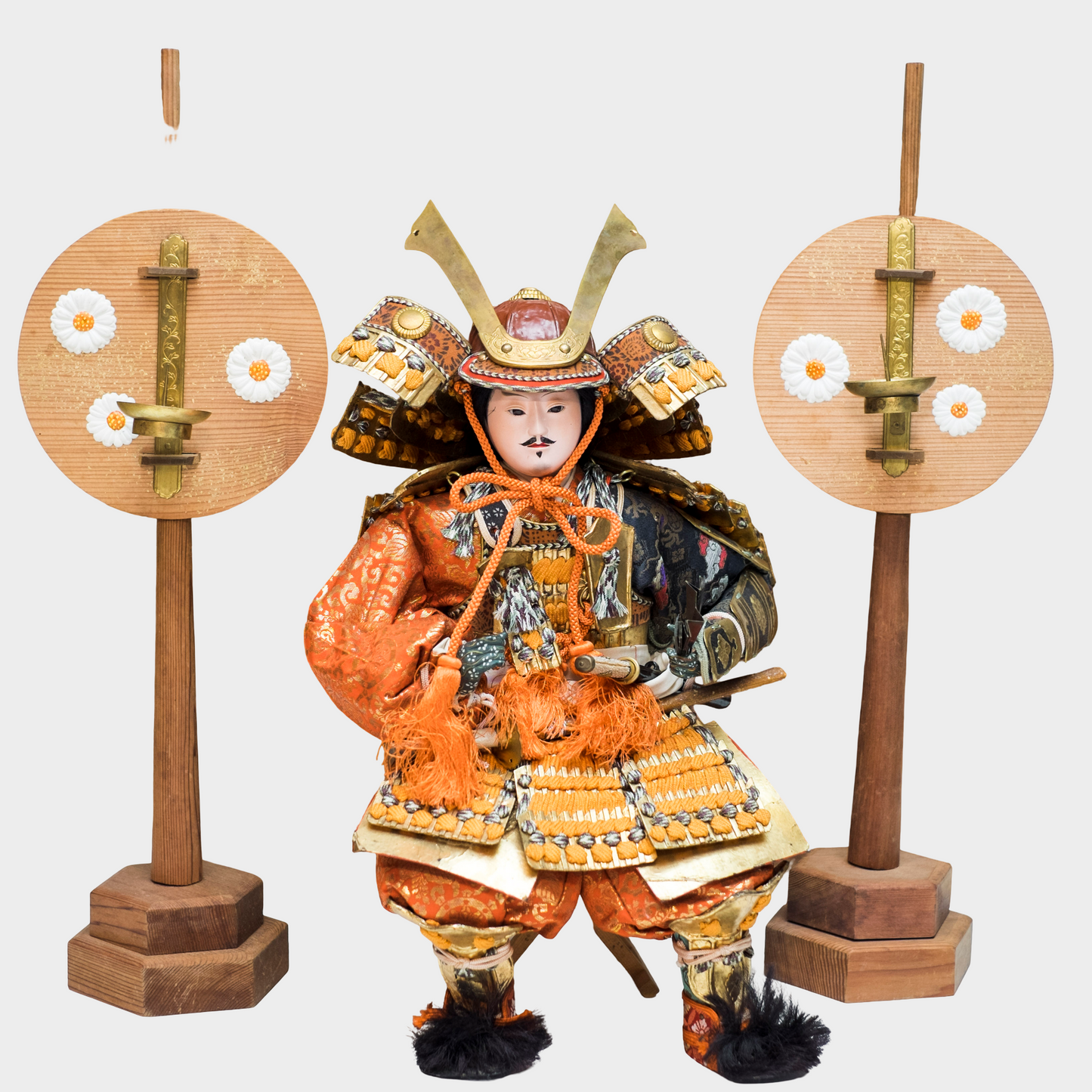 Antique Meiji Musha Ningyo Samurai Warrior Doll – Kabuto Armor, Silk Brocade, Boys’ Day Festival Display