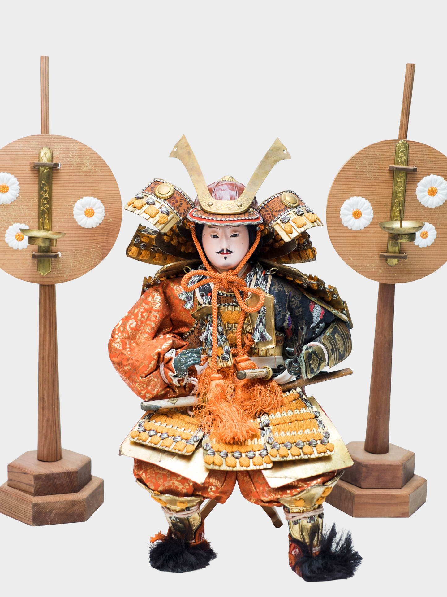 Antique Meiji Musha Ningyo Samurai Warrior Doll – Kabuto Armor, Silk Brocade, Boys’ Day Festival Display