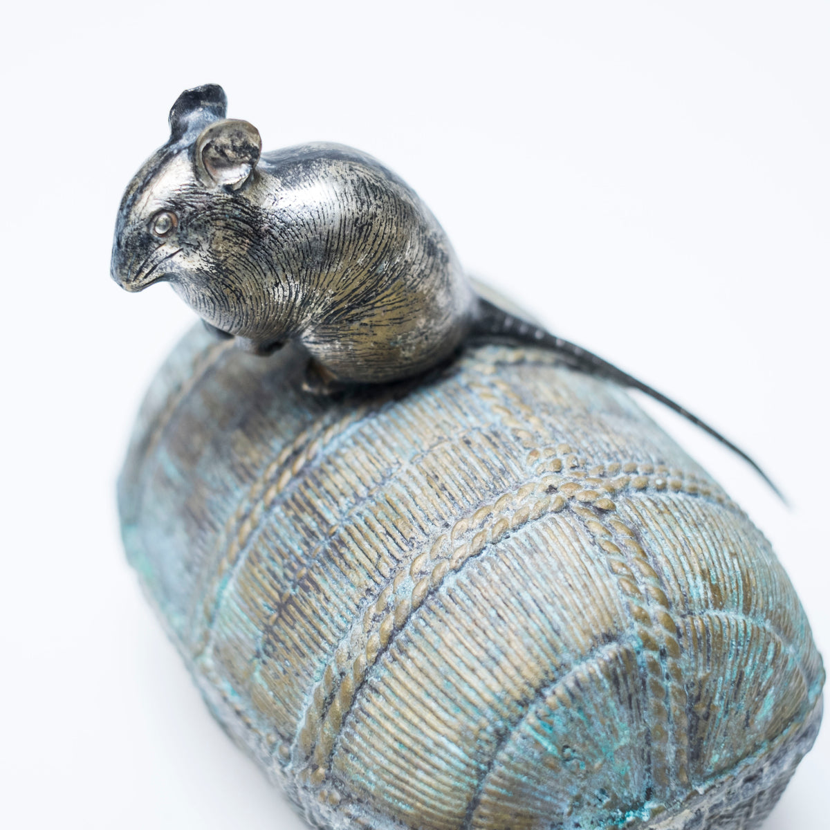 Vintage Japanese Bronze Rat on Rice Bale Okimono Koro Incense Vessel with Tomobako Nezumi Zodiac Art