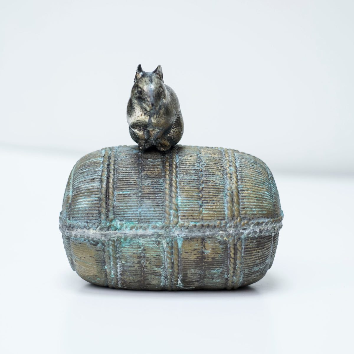 Vintage Japanese Bronze Rat on Rice Bale Okimono Koro Incense Vessel with Tomobako Nezumi Zodiac Art