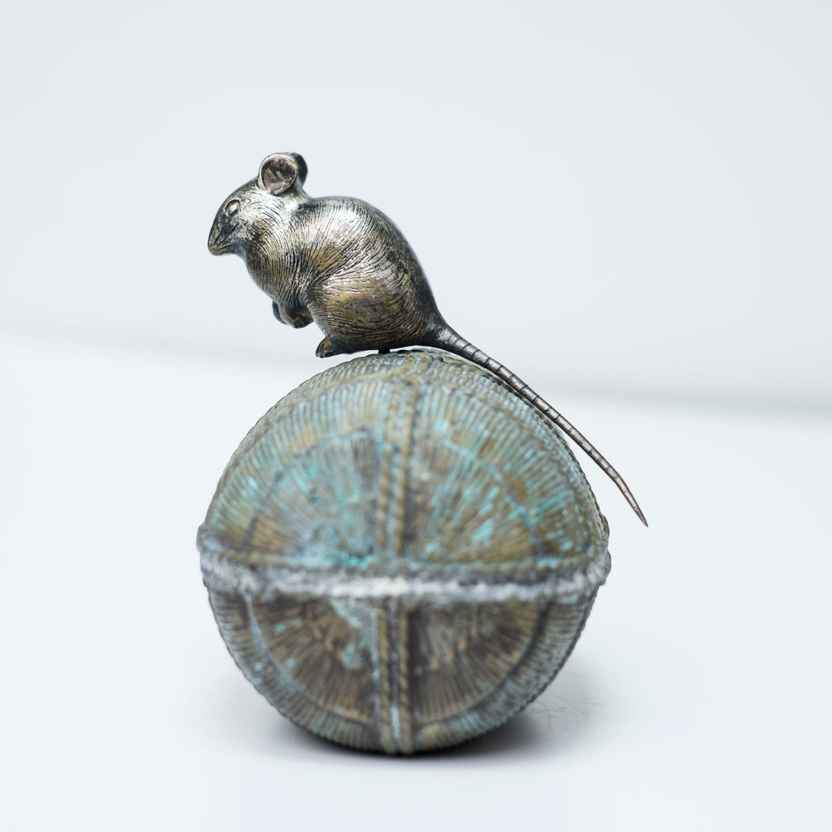 Vintage Japanese Bronze Rat on Rice Bale Okimono Koro Incense Vessel with Tomobako Nezumi Zodiac Art