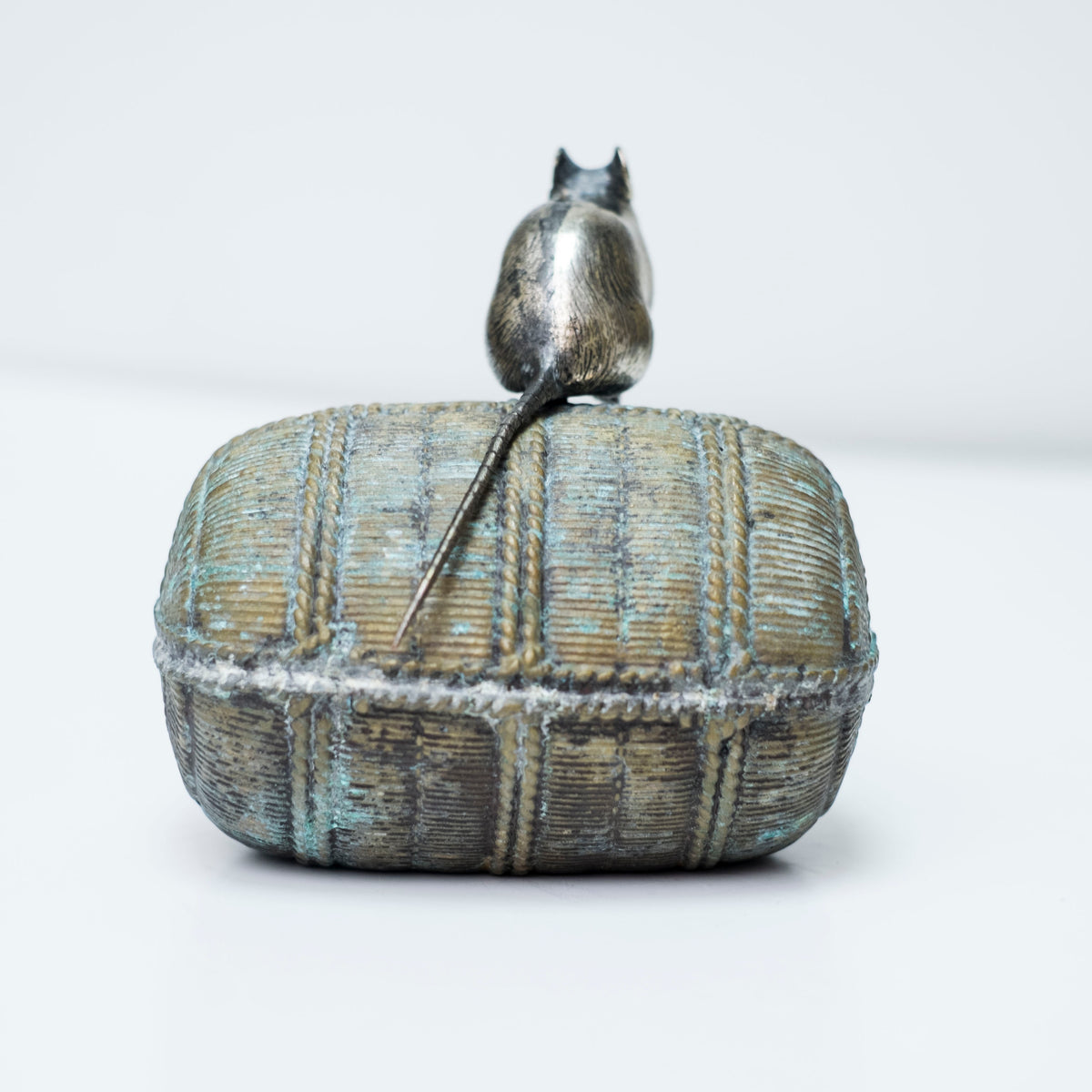 Vintage Japanese Bronze Rat on Rice Bale Okimono Koro Incense Vessel with Tomobako Nezumi Zodiac Art