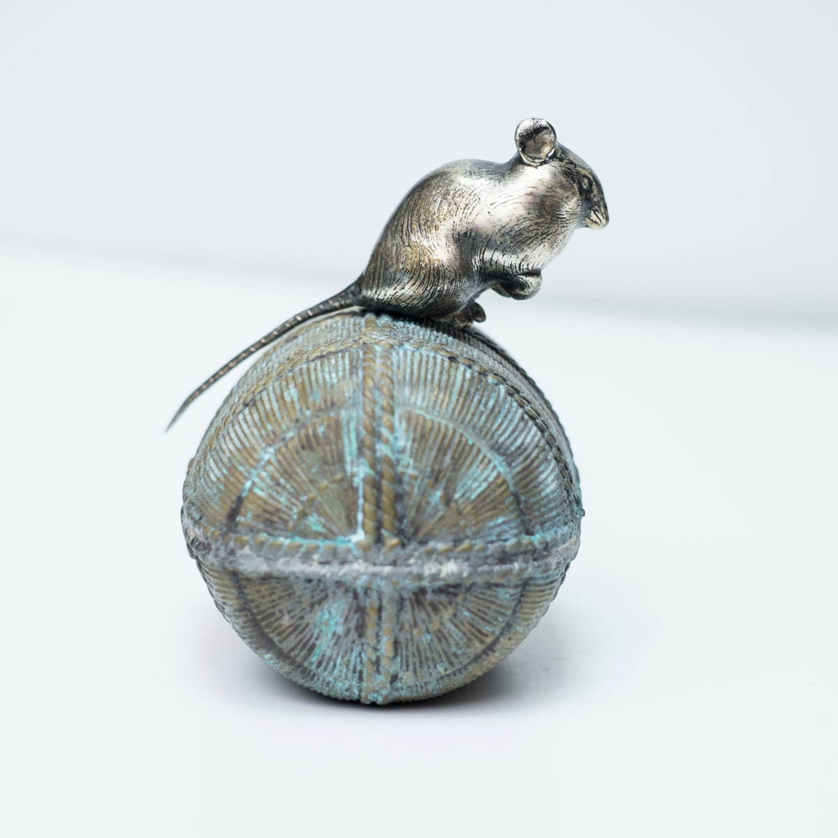 Vintage Japanese Bronze Rat on Rice Bale Okimono Koro Incense Vessel with Tomobako Nezumi Zodiac Art