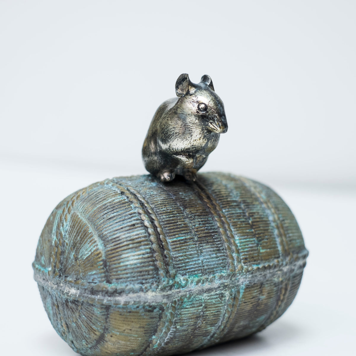 Vintage Japanese Bronze Rat on Rice Bale Okimono Koro Incense Vessel with Tomobako Nezumi Zodiac Art