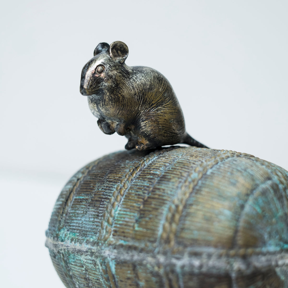 Vintage Japanese Bronze Rat on Rice Bale Okimono Koro Incense Vessel with Tomobako Nezumi Zodiac Art