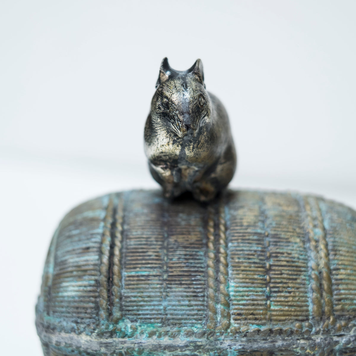 Vintage Japanese Bronze Rat on Rice Bale Okimono Koro Incense Vessel with Tomobako Nezumi Zodiac Art
