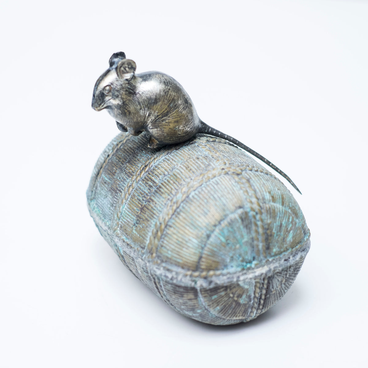 Vintage Japanese Bronze Rat on Rice Bale Okimono Koro Incense Vessel with Tomobako Nezumi Zodiac Art