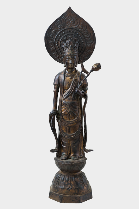 Japanese Bronze Kannon Bodhisattva Statue – Standing Avalokiteshvara with Lotus Bud, Mandorla Halo – Antique Buddhist Art Sculpture
