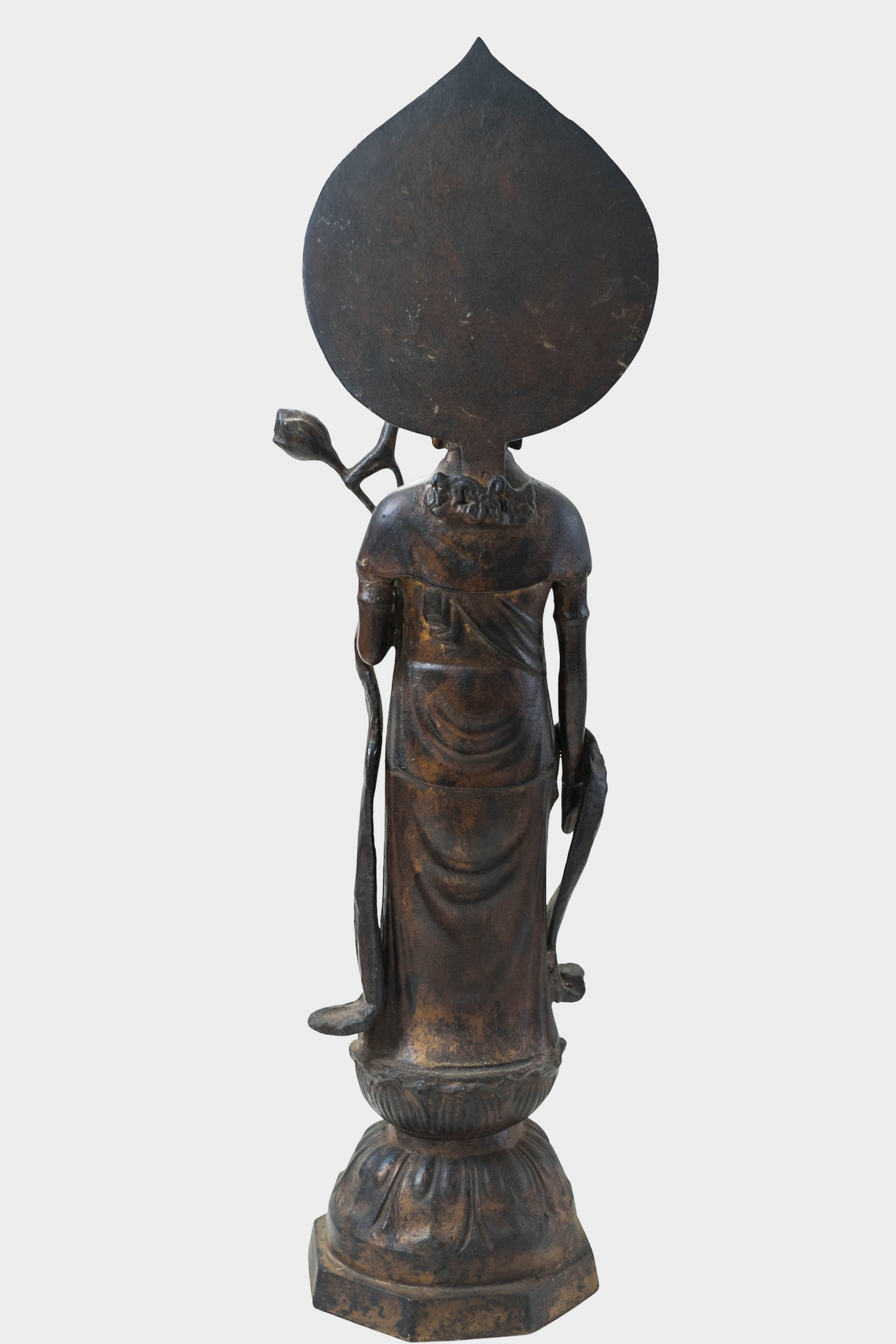 Japanese Bronze Kannon Bodhisattva Statue – Standing Avalokiteshvara with Lotus Bud, Mandorla Halo – Antique Buddhist Art Sculpture
